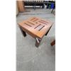 Image 8 : Set of Three Wooden Side Tables, Geometric Slatted, Round Solid Top, and Parallel Slatted biggest