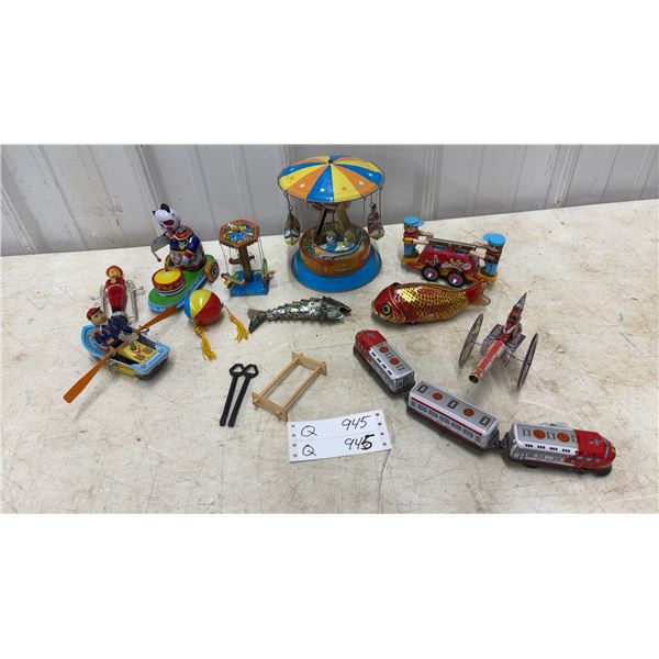 Collection of Tin Wind-Up Toys: Merry-Go-Round, Swings, Clown Drummer, Rowboat