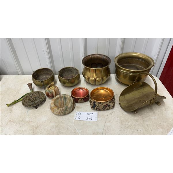Brass Planters, Onyx Ashtray and Lighter, "God Bless Our Home" Trivet
