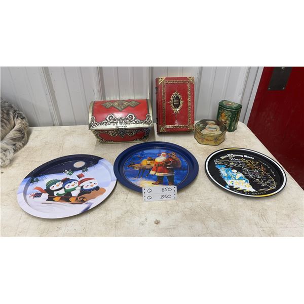 Decorative Tins and Trays: Red "Gourmets Delight" Book Tin, Red Chest Tin and Green Floral Tin