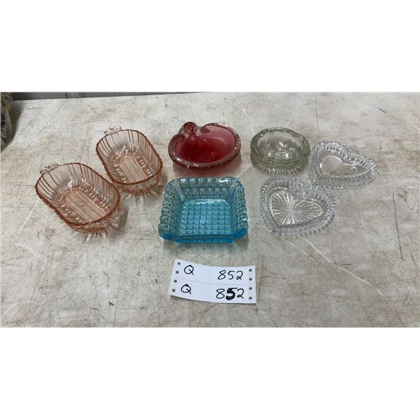 Assorted Glassware: 2 Pink Depression Glass Handled Dishes, Blue Square Dish and Red Bubble Glass
