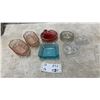 Image 1 : Assorted Glassware: 2 Pink Depression Glass Handled Dishes, Blue Square Dish and Red Bubble Glass