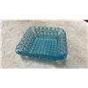 Image 2 : Assorted Glassware: 2 Pink Depression Glass Handled Dishes, Blue Square Dish and Red Bubble Glass