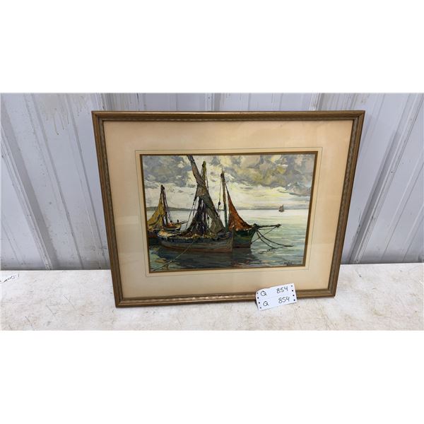 Andre Bronnescu Framed Oil Painting of Fishing Boats 23 × 19