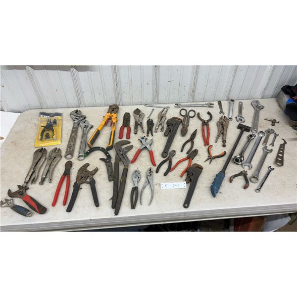 Assortment of Hand Tools Including Adjustable Wrenches, Pipe Wrenches, Pliers, Bolt Cutters