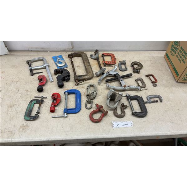 Assortment of C-Clamps, Pipe Cutters, Powerfist Clamp, Gear Puller, Hooks, Shackles