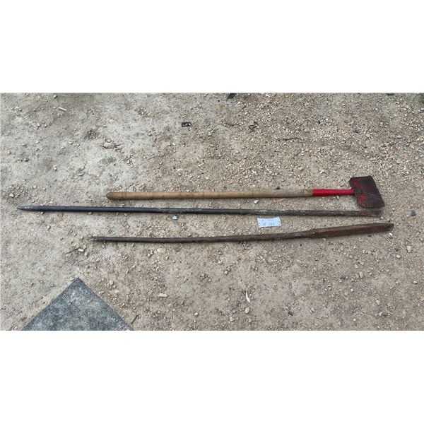 Spud Bar with Wooden Handle, Double-Pointed Steel Digging Bar, and Steel Pry Bar