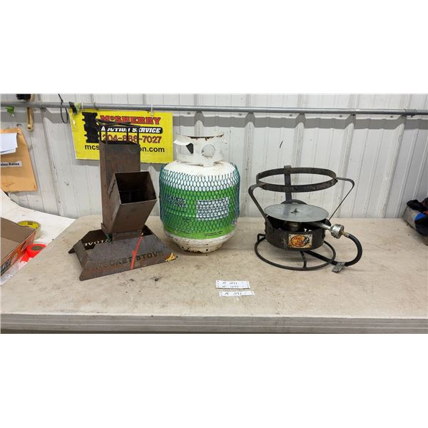 Rocket Stove, Propane Tank, and Bass Pro Shops Single Burner Propane Cooker