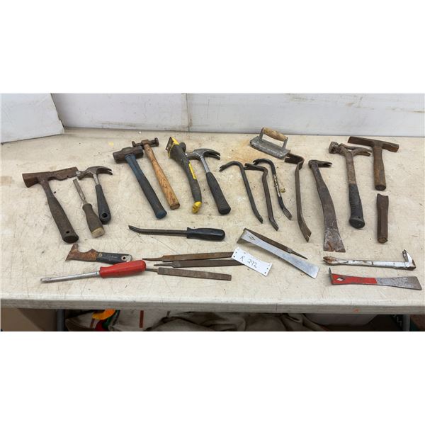 Assortment of Hammers, Pry Bars, Chisels, Files, Slate Ripper, Concrete Float