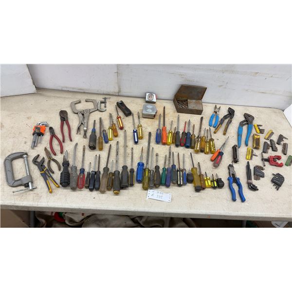 Assortment of Screwdrivers, Pliers, Vise-Grip, Channellock, C-Clamp, Hex Keys, Bits