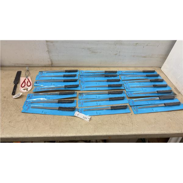 21 New Serrated Knives, Opal Spatula, and Metal Tongs