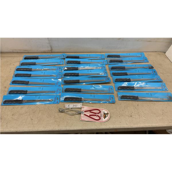21 New Serrated Knives and 1 Set Metal Tongs