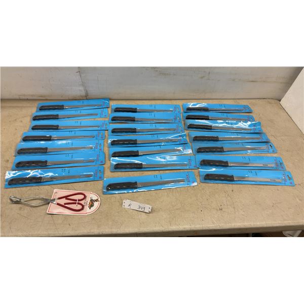 21 Serrated Knives and Set of Tongs