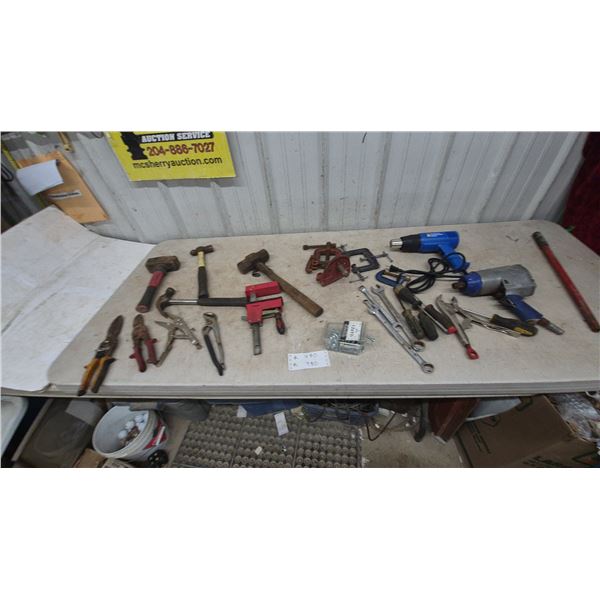 Assorted Hand Tools and Power Tools: Hammers, Clamps, Pliers, Heat Gun, Impact Wrench