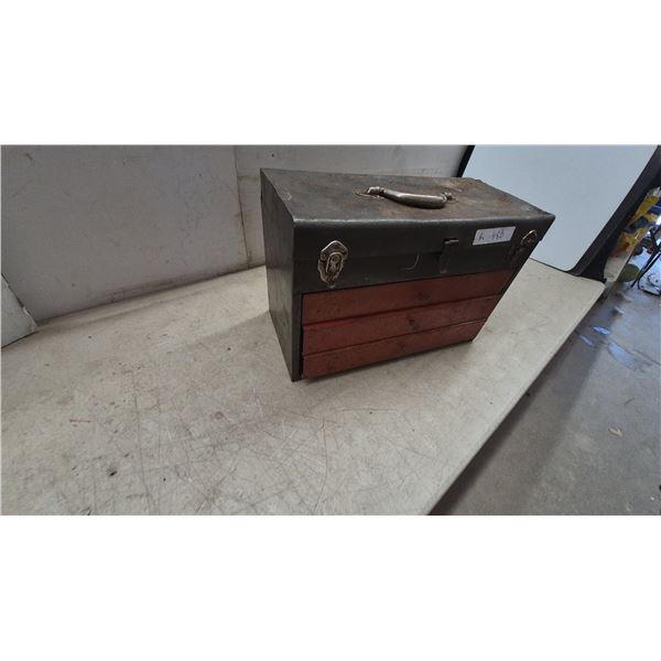 Vintage Metal Tool Box with Wrenches, Pipe Wrench, Vise Grips, Hacksaw