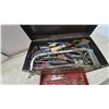 Image 5 : Vintage Metal Tool Box with Wrenches, Pipe Wrench, Vise Grips, Hacksaw