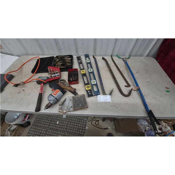 Assorted Hand and Power Tools: Black and Decker Drill, Levels, Crowbars, Drill Bit Sets