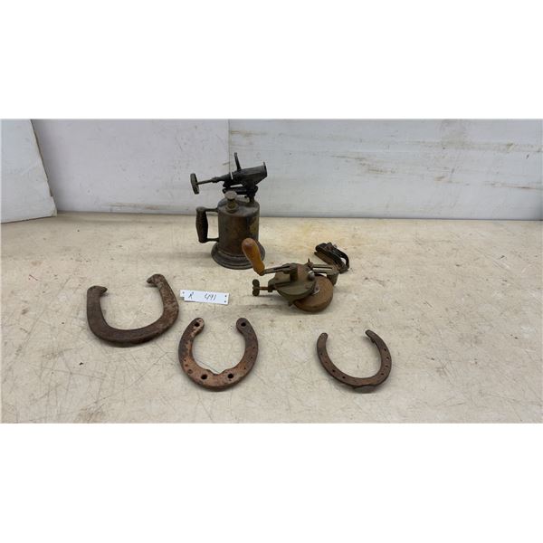 Vintage Brass Hand-Pumped Liquid Fuel Blow Torch, Hand-Crank Grinder and Horseshoes