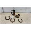 Image 1 : Vintage Brass Hand-Pumped Liquid Fuel Blow Torch, Hand-Crank Grinder and Horseshoes