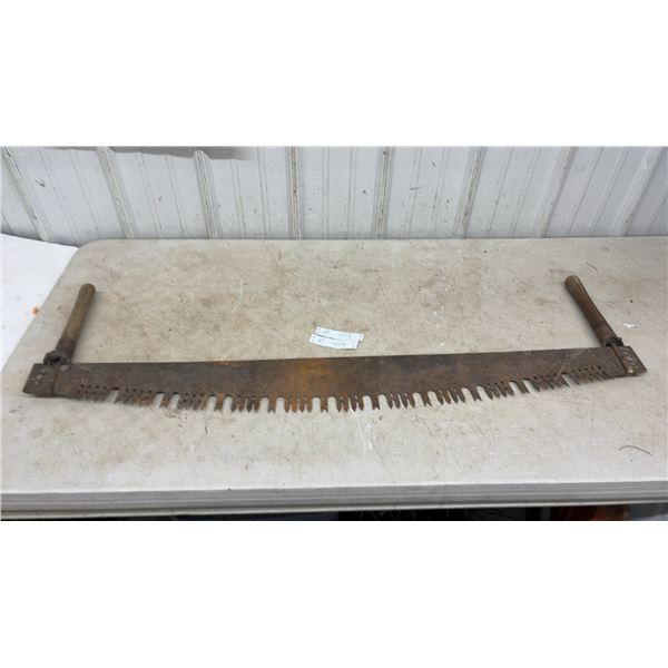 Antique Two-Man Crosscut Saw with Wooden Handles and Raker Teeth, 48” Blade