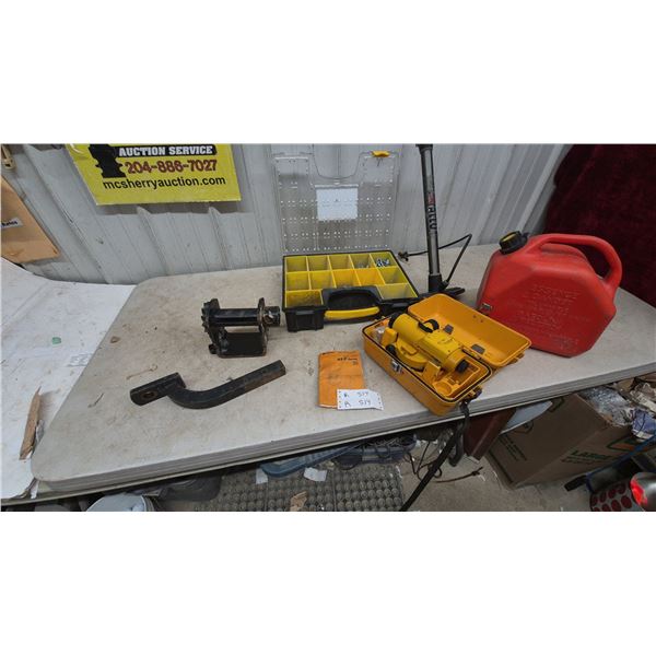 Topcon AT-F Series Auto Level, Trailer Hitch, Ratchet Strap Winder, Gas Can