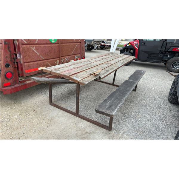 Wooden Picnic Table on Steel Frame, Needs Some TLC, 33 × 96 × 56”
