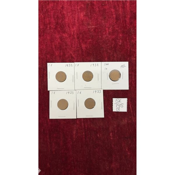 5 Canada Small Pennies 1932 and 33
