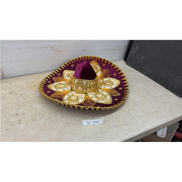 Decorative Mexican Charro Sombrero with Burgundy Velvet and Gold Embroidery