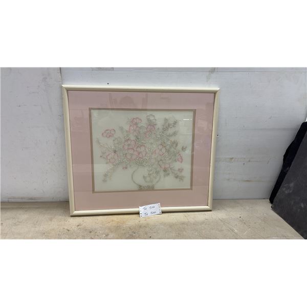 Framed Embroidered Floral Bouquet Picture in Pink Mat and Light Wood Frame, 23 × 27”