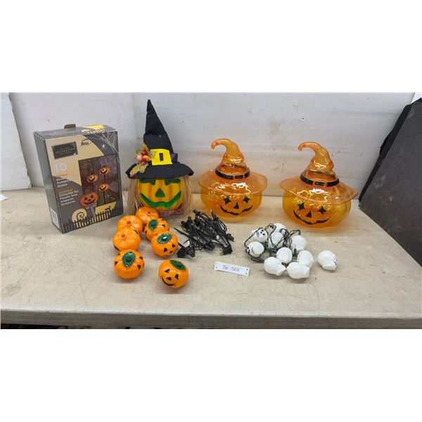 Halloween Décor Lot: Pumpkin Lawn Stakes, Witch Pumpkin, Jack-o'-Lantern, Lights