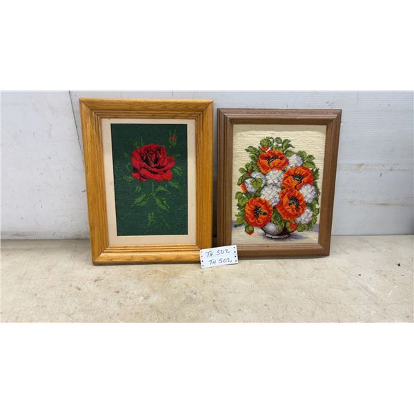 Two Framed Handmade Needlepoint Artworks, Red Rose and Poppy Bouquet in Wood Frames, Largest