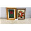Image 1 : Two Framed Handmade Needlepoint Artworks, Red Rose and Poppy Bouquet in Wood Frames, Largest