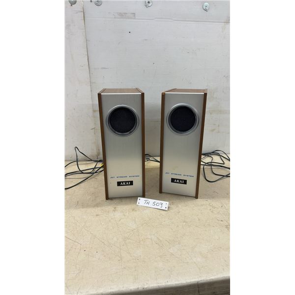 Pair of Akai Jet Stream System Speakers with Silver Front Panel and Wood-Grain Cabinets