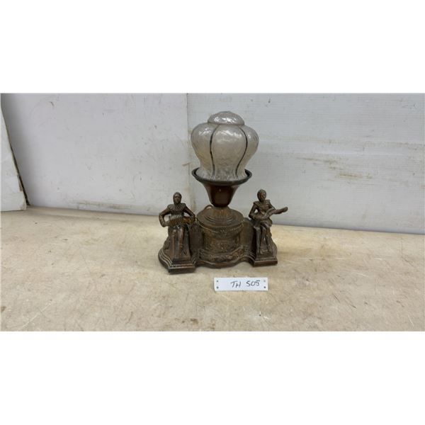 Art Deco Cast Metal Figural Table Lamp with Musicians and Fluted Glass Shade, Early 20th Century
