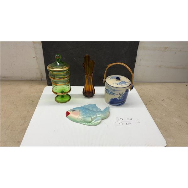 Vintage Glass Lidded Compote, Amber Swung Vase, Biscuit Barrel, and Chalkware Fish Wall Hanging