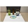 Image 1 : Vintage Glass Lidded Compote, Amber Swung Vase, Biscuit Barrel, and Chalkware Fish Wall Hanging