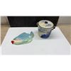 Image 4 : Vintage Glass Lidded Compote, Amber Swung Vase, Biscuit Barrel, and Chalkware Fish Wall Hanging
