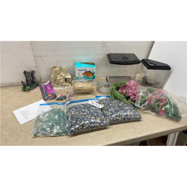 Aquarium Lot with Top Fin Tanks, Barley Straw, Gravel, Marbles, Plants, Decorations