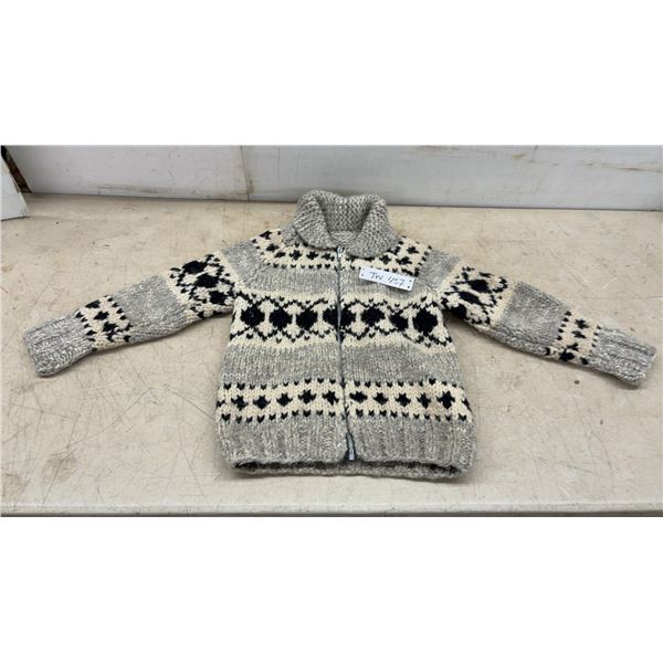 Hand-Knitted Wool Cowichan Zippered Cardigan with Shawl Collar in Grey, Black, and Cream