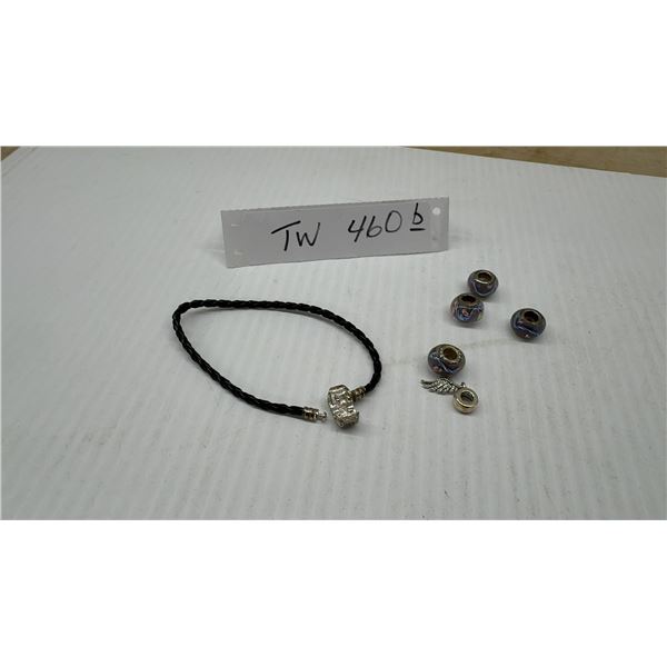 Pandora Stamped, Bracelet with 4 Glass Beads and Winged Dangle Charm