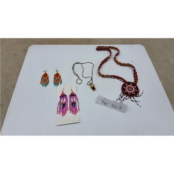 Handmade Aboriginal Beaded Jewelry Set, Two Pairs of Earrings and Two Beaded Pendant Necklaces