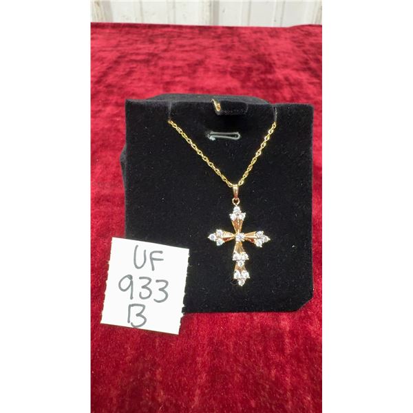 18K Gold-Plated 32.0mm Simulated Diamond Cross Necklace with 18-Inch Chain