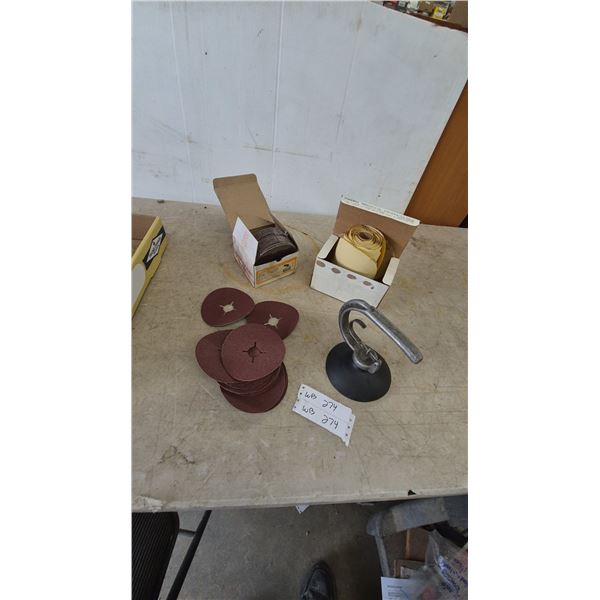 Assorted Sanding Discs, Sandpaper Roll, and Suction Cup Handle