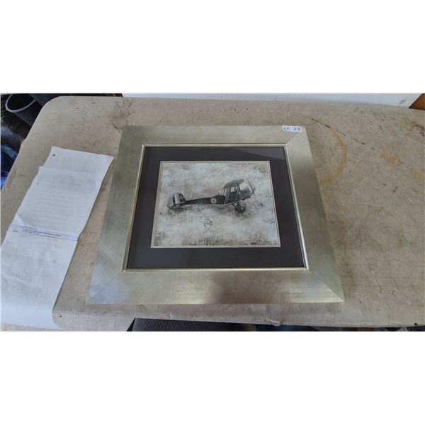 Vintage Framed Glass and Matted Art Print Featuring a Side View of a Historic Biplane, 25” x 22