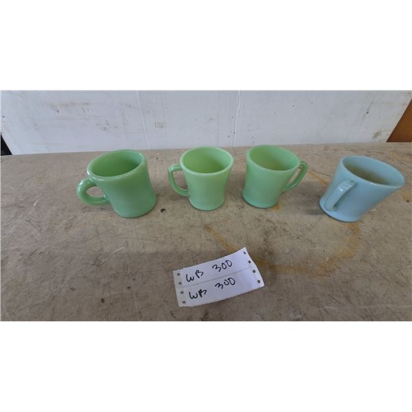 Four Fire-King Jade-ite D-Handle Mugs and One Fire-King Azur-ite D-Handle Mug