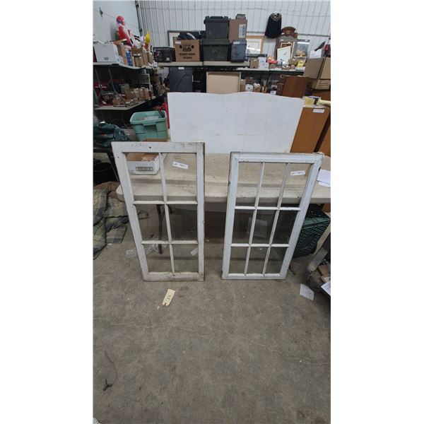 Two White Wood-Framed Windows panes 0ne 9 pane one 6 pane, Vintage