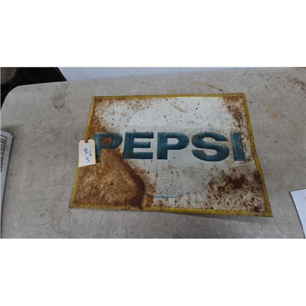 Vintage Pepsi tin embossed Advertising Sign with Blue Block Lettering and Yellow Border19”×27”