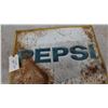 Image 2 : Vintage Pepsi tin embossed Advertising Sign with Blue Block Lettering and Yellow Border19”×27”