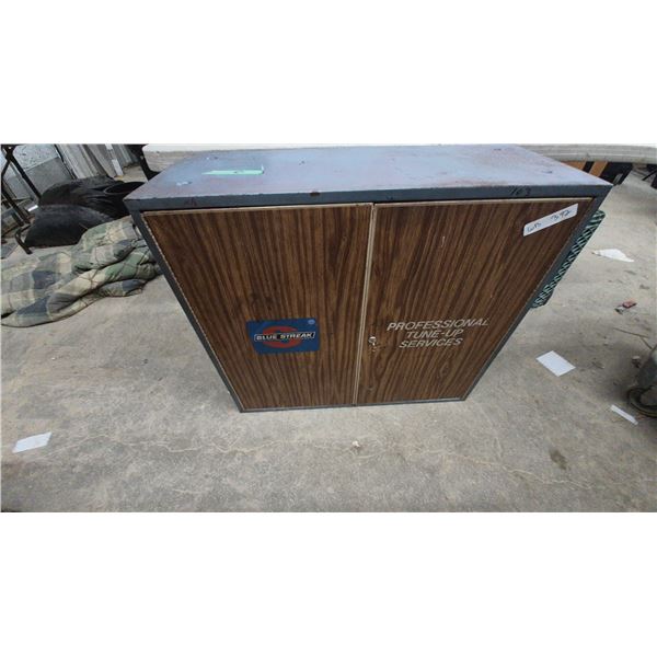 Blue Streak Professional Tune-Up Services Vintage Automotive Parts Metal Storage Cabinet.