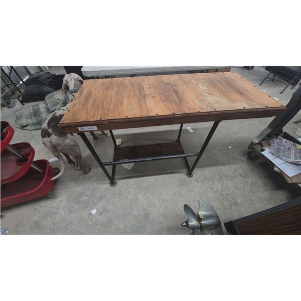 Wood Top and Metal Frame Table with Lower Shelf, work bench. 48”×31”×21”